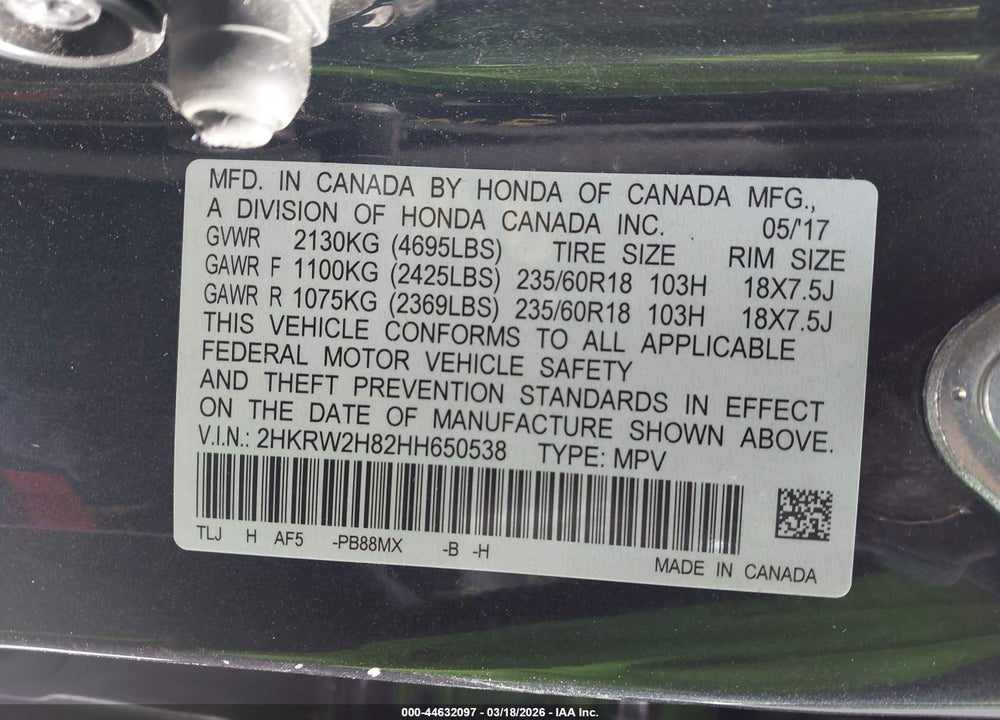 2017 HONDA CR-V EX-L/EX-L NAVI VIN: 2HKRW2H82HH650538