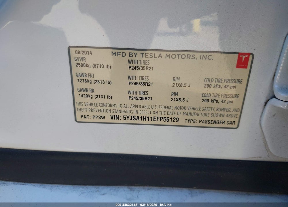 2014 TESLA MODEL S P85 VIN: 5YJSA1H11EFP56129