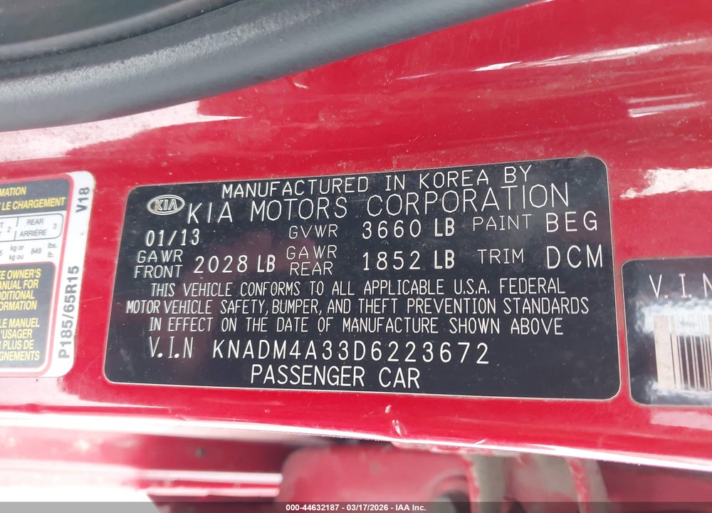 2013 KIA RIO LX VIN: KNADM4A33D6223672