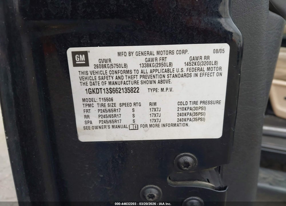 2006 GMC ENVOY SLE VIN: 1GKDT13S662135822
