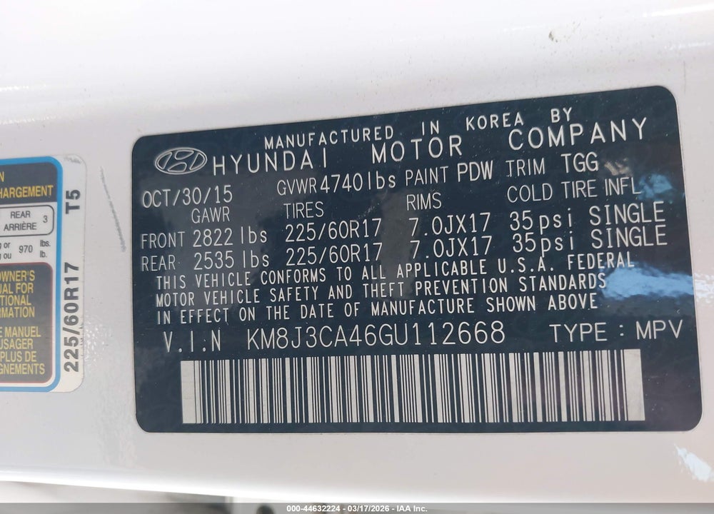 2016 HYUNDAI TUCSON SE VIN: KM8J3CA46GU112668