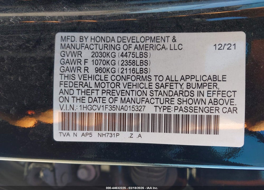 2022 HONDA ACCORD SPORT VIN: 1HGCV1F35NA015327