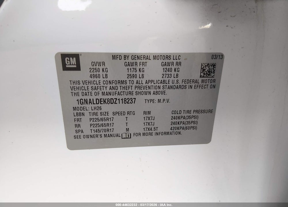 2013 CHEVROLET EQUINOX 1LT VIN: 1GNALDEK8DZ118237