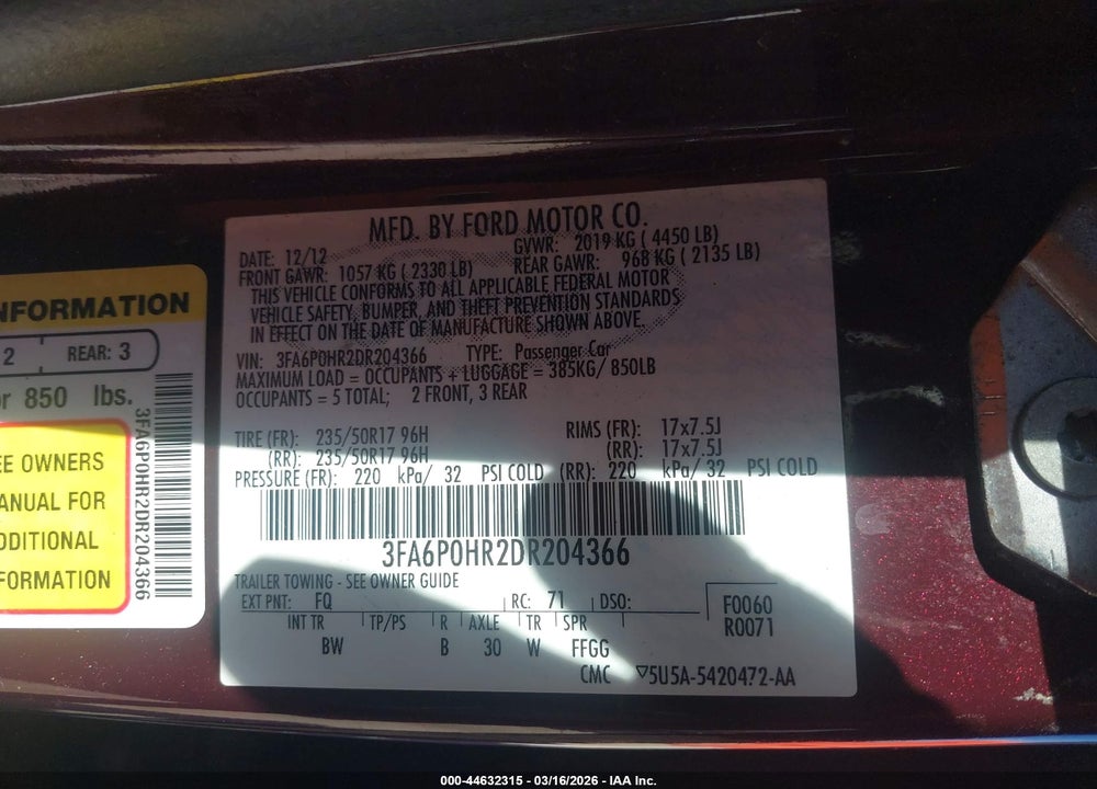 2013 FORD FUSION SE VIN: 3FA6P0HR2DR204366