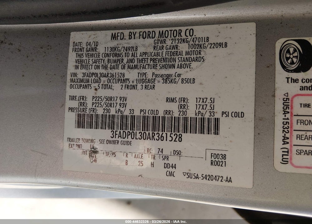 2010 FORD FUSION HYBRID VIN: 3FADP0L30AR361528