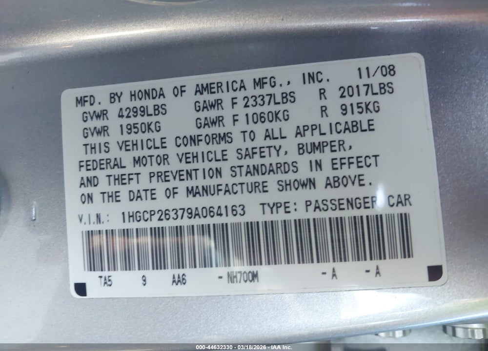 2009 HONDA ACCORD 2.4 LX VIN: 1HGCP26379A064163