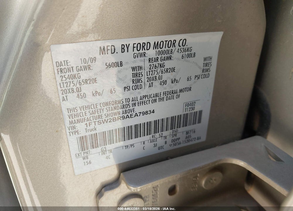 2010 FORD F-250 CABELA'S/HARLEY-DAVIDSON/KING RANCH/LARIAT/XL/XLT VIN: 1FTSW2BR9AEA79834