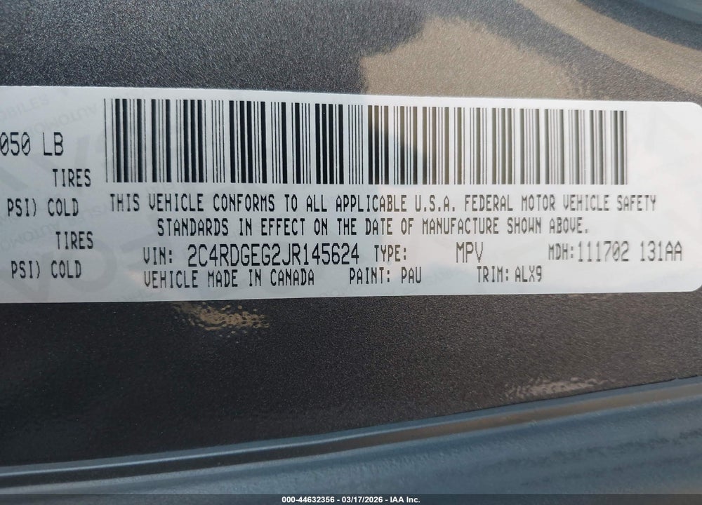 2018 DODGE GRAND CARAVAN GT VIN: 2C4RDGEG2JR145624