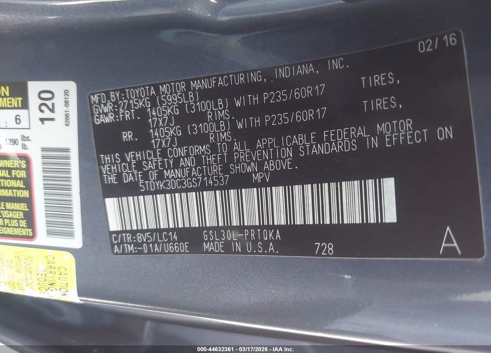 2016 TOYOTA SIENNA XLE 8 PASSENGER VIN: 5TDYK3DC3GS714537