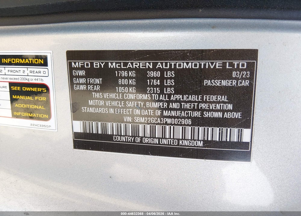 2023 MCLAREN GT VIN: SBM22GCA3PW002906