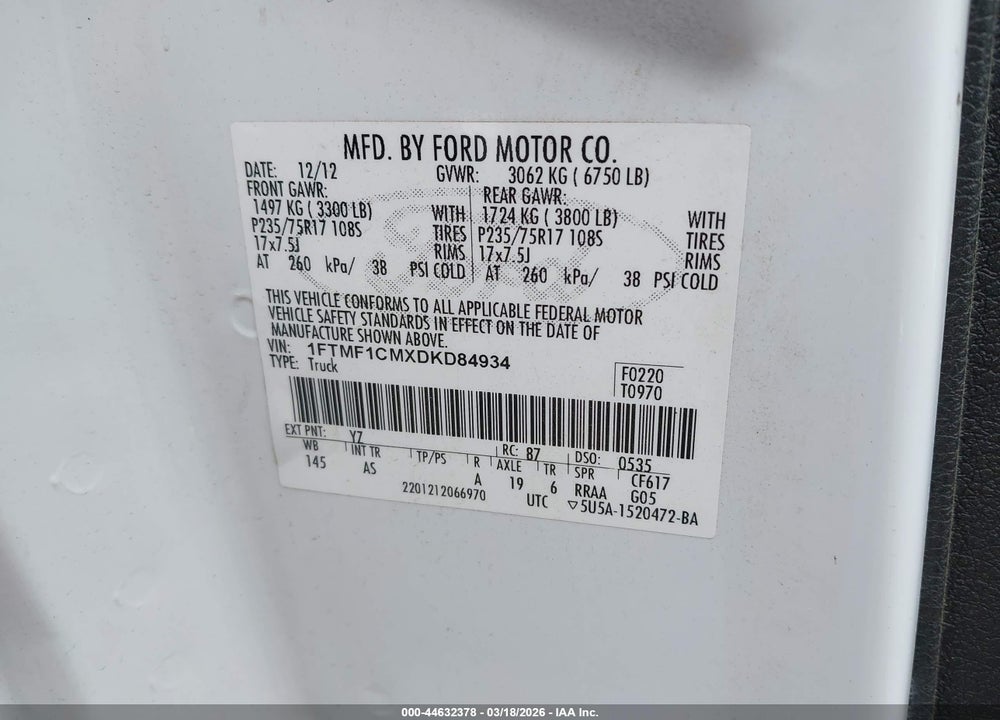 2013 FORD F-150 XL VIN: 1FTMF1CMXDKD84934