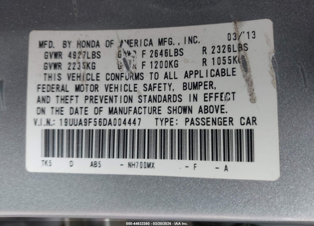 2013 ACURA TL 3.7 VIN: 19UUA9F56DA004447