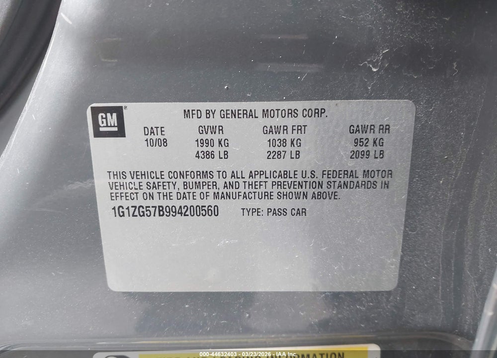 2009 CHEVROLET MALIBU LS VIN: 1G1ZG57B994200560