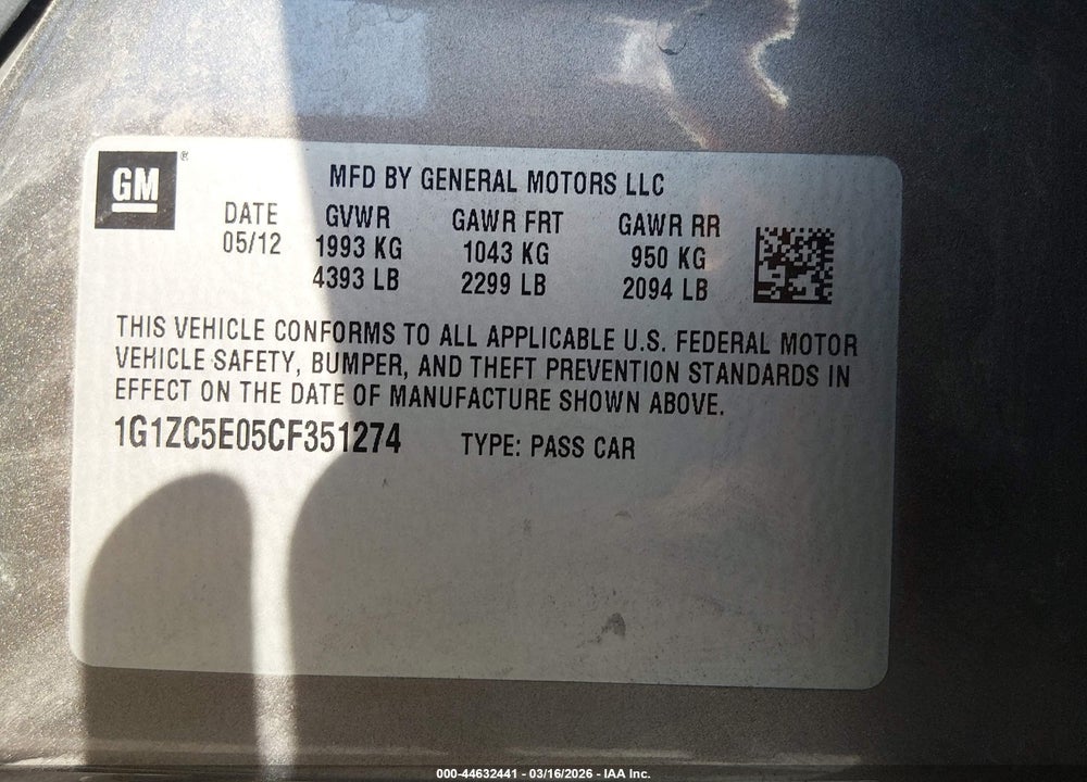 2012 CHEVROLET MALIBU 1LT VIN: 1G1ZC5E05CF351274