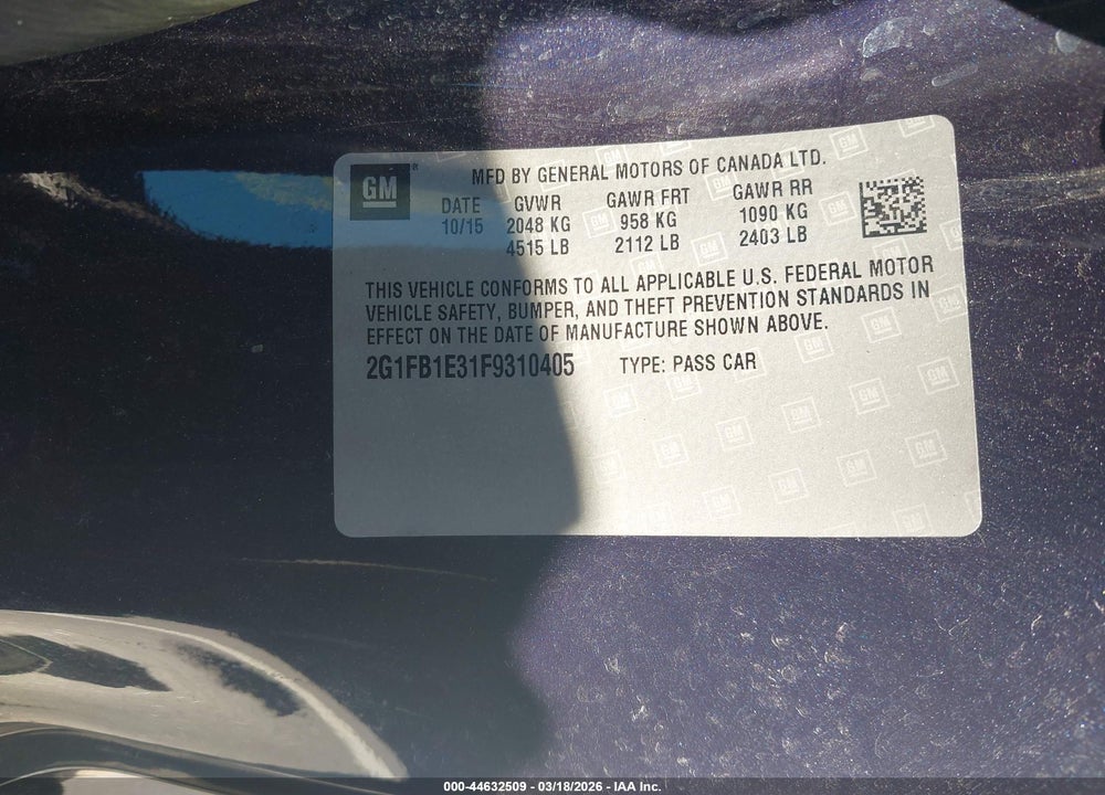 2015 CHEVROLET CAMARO 2LS VIN: 2G1FB1E31F9310405