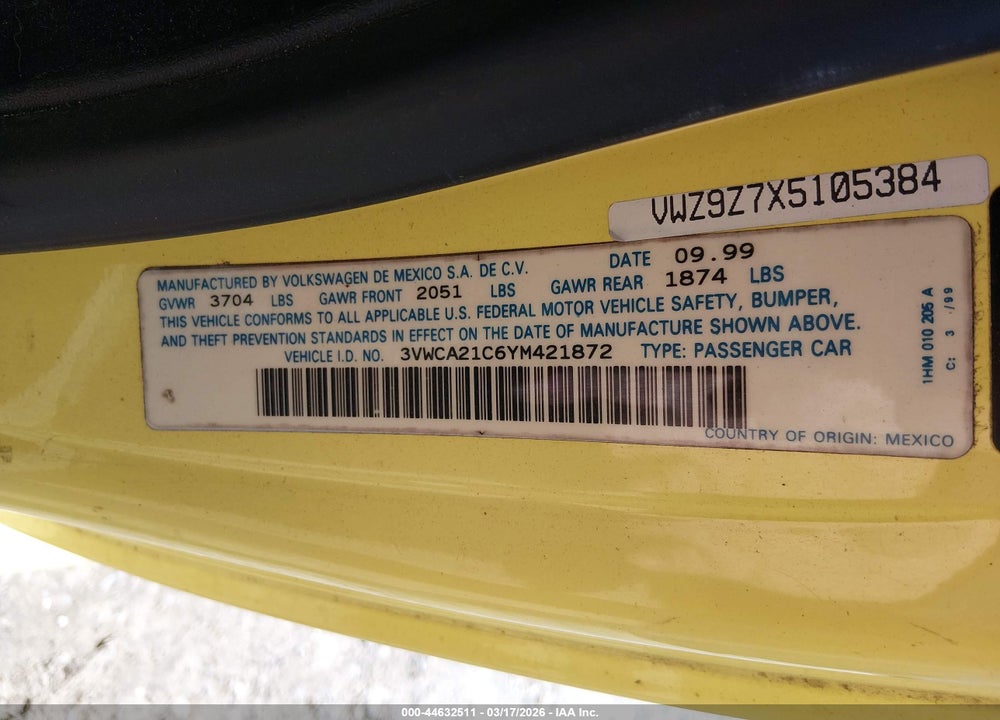 2000 VOLKSWAGEN NEW BEETLE GLS VIN: 3VWCA21C6YM421872