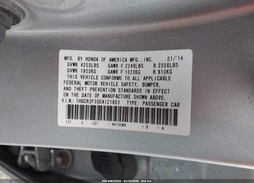 2014 HONDA ACCORD LX VIN: 1HGCR2F35EA121853