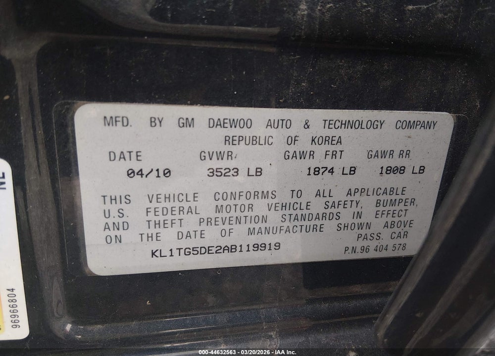2010 CHEVROLET AVEO LT VIN: KL1TG5DE2AB119919