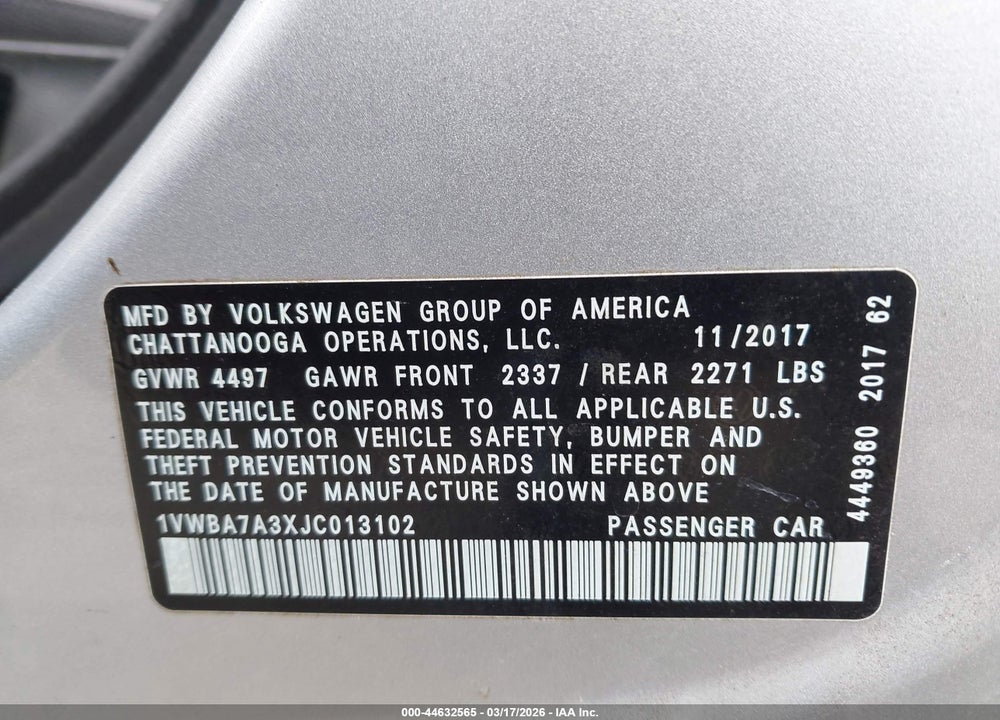 2018 VOLKSWAGEN PASSAT 2.0T SE VIN: 1VWBA7A3XJC013102