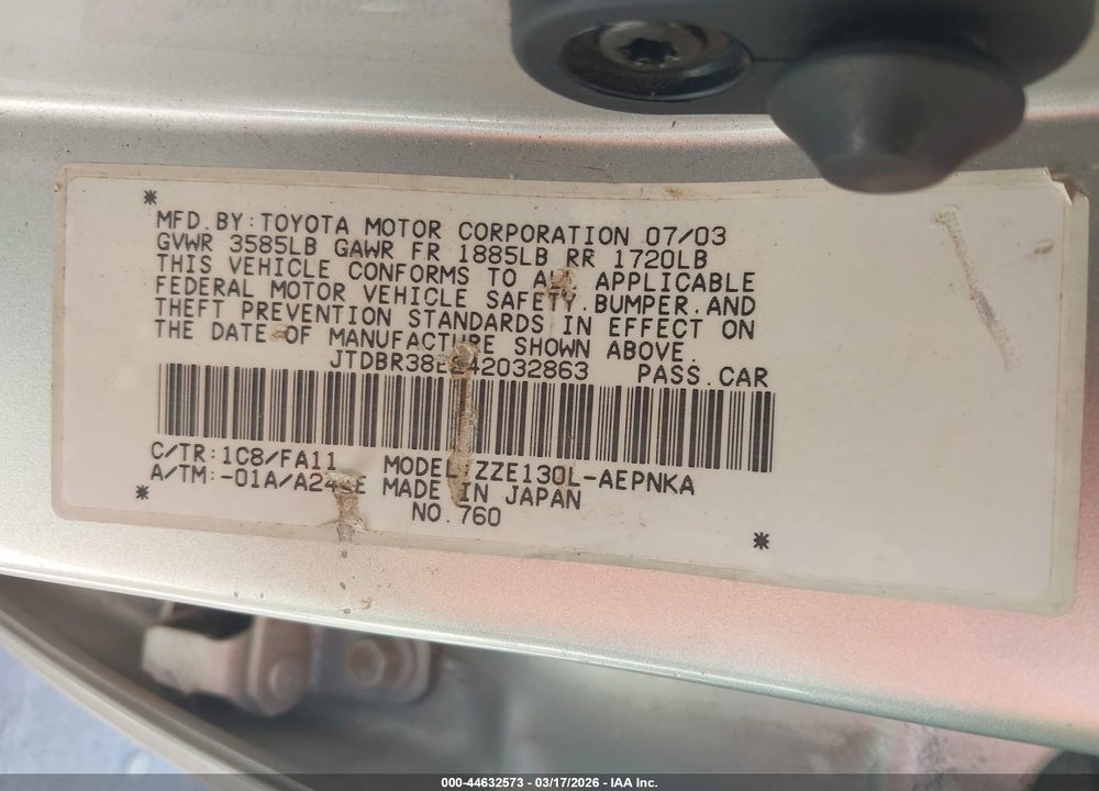 2004 TOYOTA COROLLA LE VIN: JTDBR38E242032863