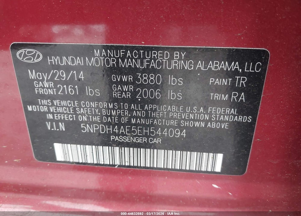 2014 HYUNDAI ELANTRA SE VIN: 5NPDH4AE5EH544094