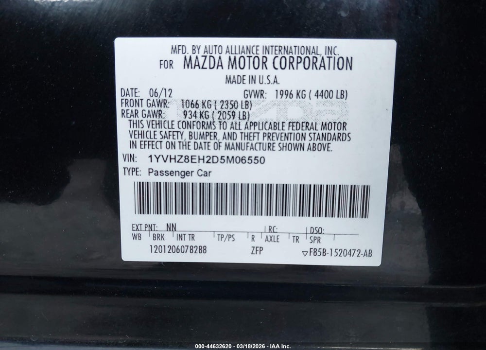 2013 MAZDA 6 I TOURING PLUS VIN: 1YVHZ8EH2D5M06550
