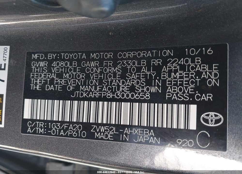2017 TOYOTA PRIUS PRIME PLUS VIN: JTDKARFP8H3000658
