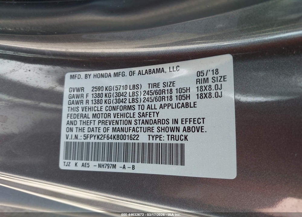 2019 HONDA RIDGELINE RTL-T VIN: 5FPYK2F64KB001622