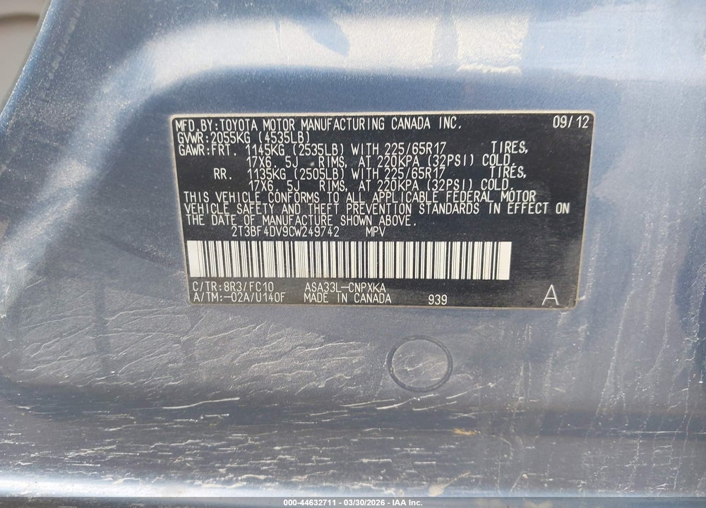 2012 TOYOTA RAV4 VIN: 2T3BF4DV9CW249742