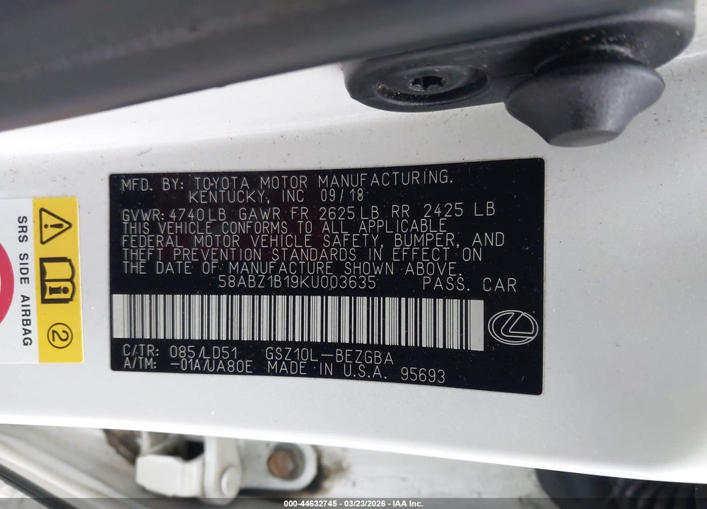 2019 LEXUS ES 350 VIN: 58ABZ1B19KU003635