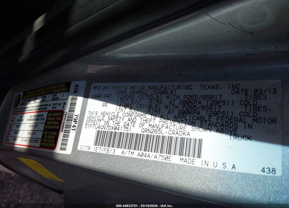 2013 TOYOTA TACOMA PRERUNNER V6 VIN: 5TFTU4GN7DX041751