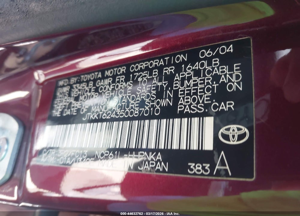 2005 SCION XA VIN: JTKKT624350087010