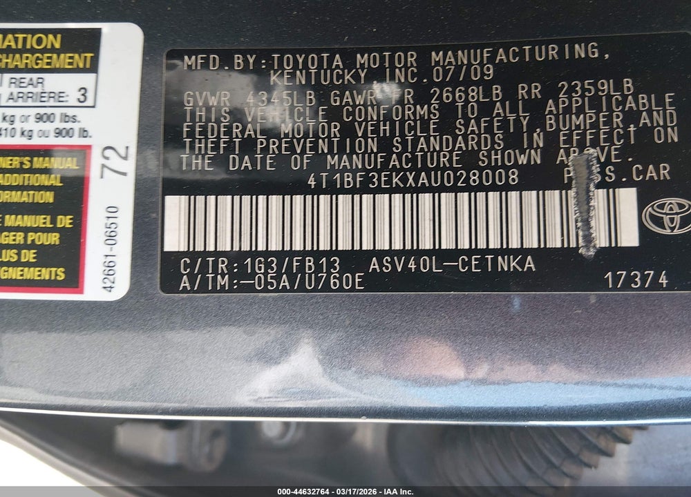 2010 TOYOTA CAMRY LE VIN: 4T1BF3EKXAU028008