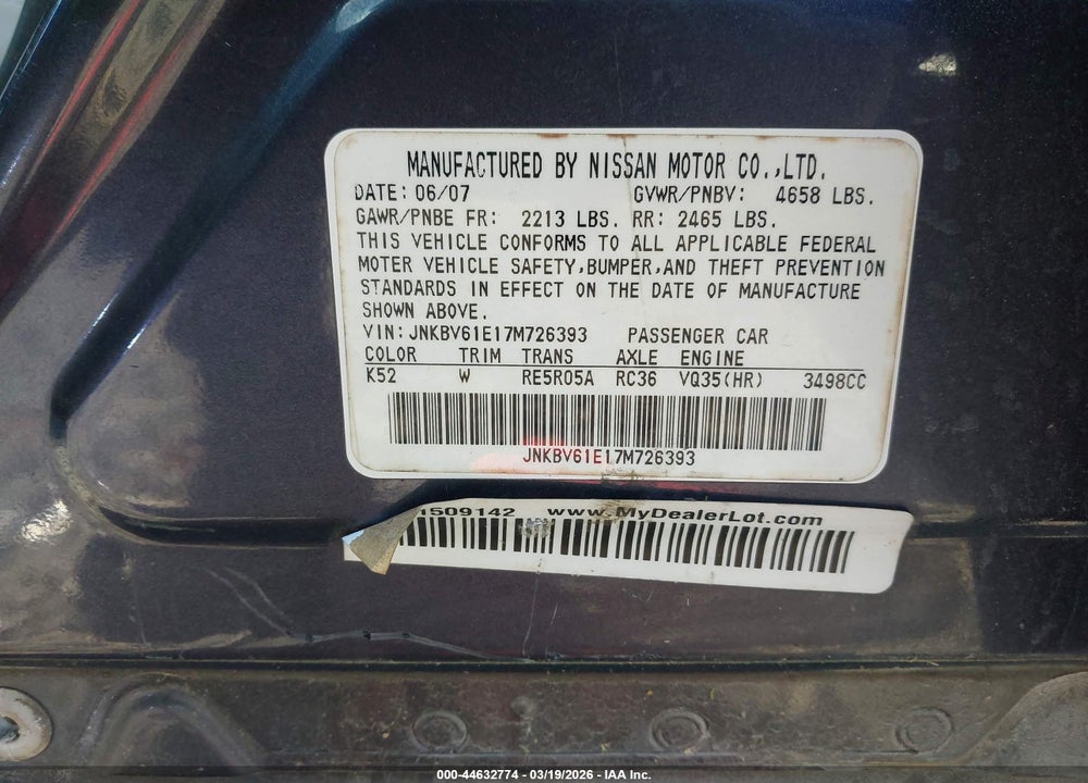 2007 INFINITI G35 SPORT VIN: JNKBV61E17M726393