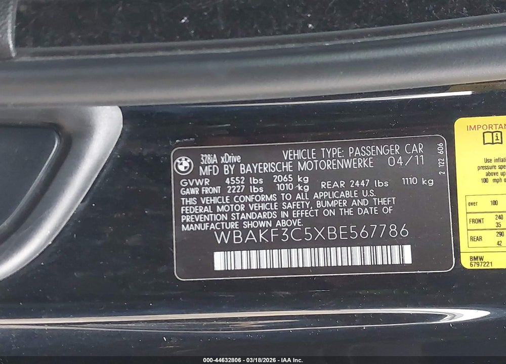 2011 BMW 328I XDRIVE VIN: WBAKF3C5XBE567786
