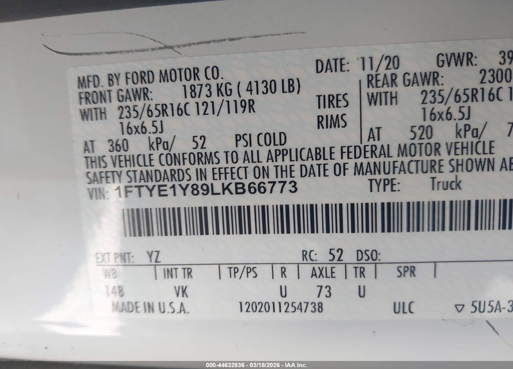 2020 FORD TRANSIT-150 VIN: 1FTYE1Y89LKB66773