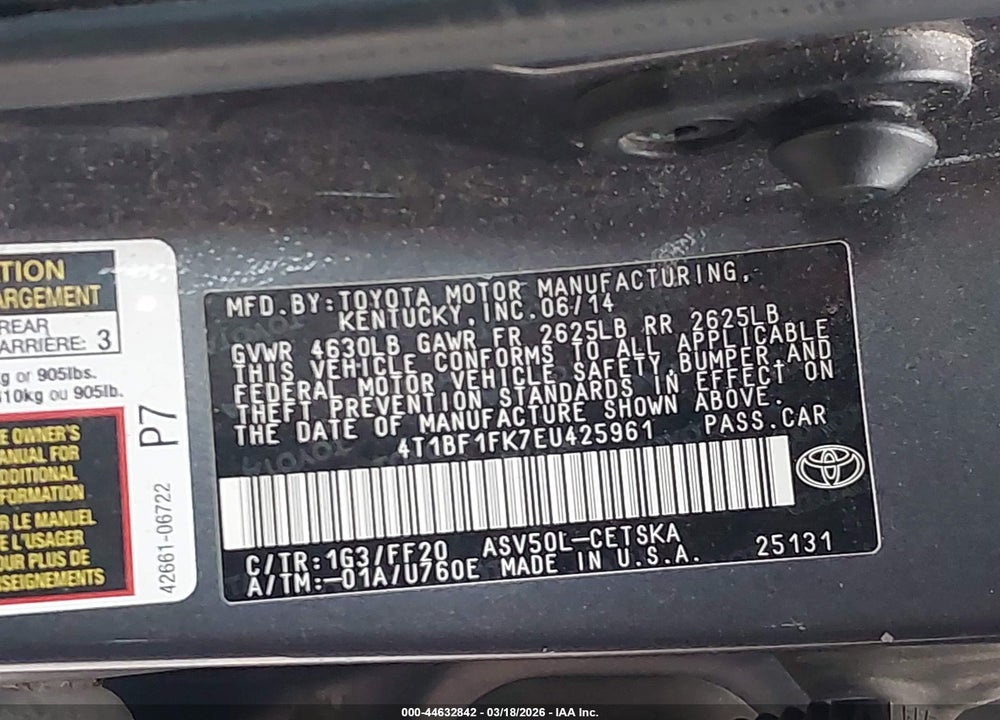 2014 TOYOTA CAMRY SE VIN: 4T1BF1FK7EU425961
