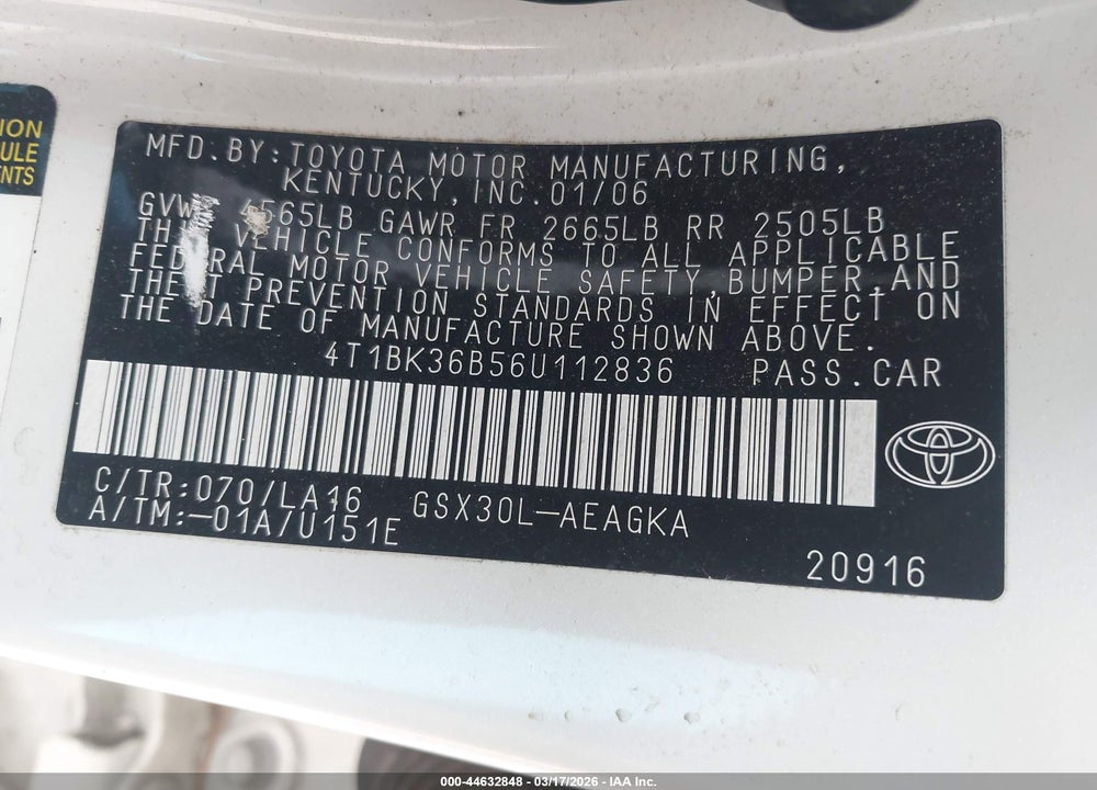 2006 TOYOTA AVALON XLS VIN: 4T1BK36B56U112836