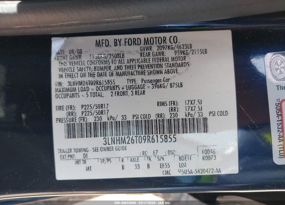 2009 LINCOLN MKZ VIN: 3LNHM26T09R615855