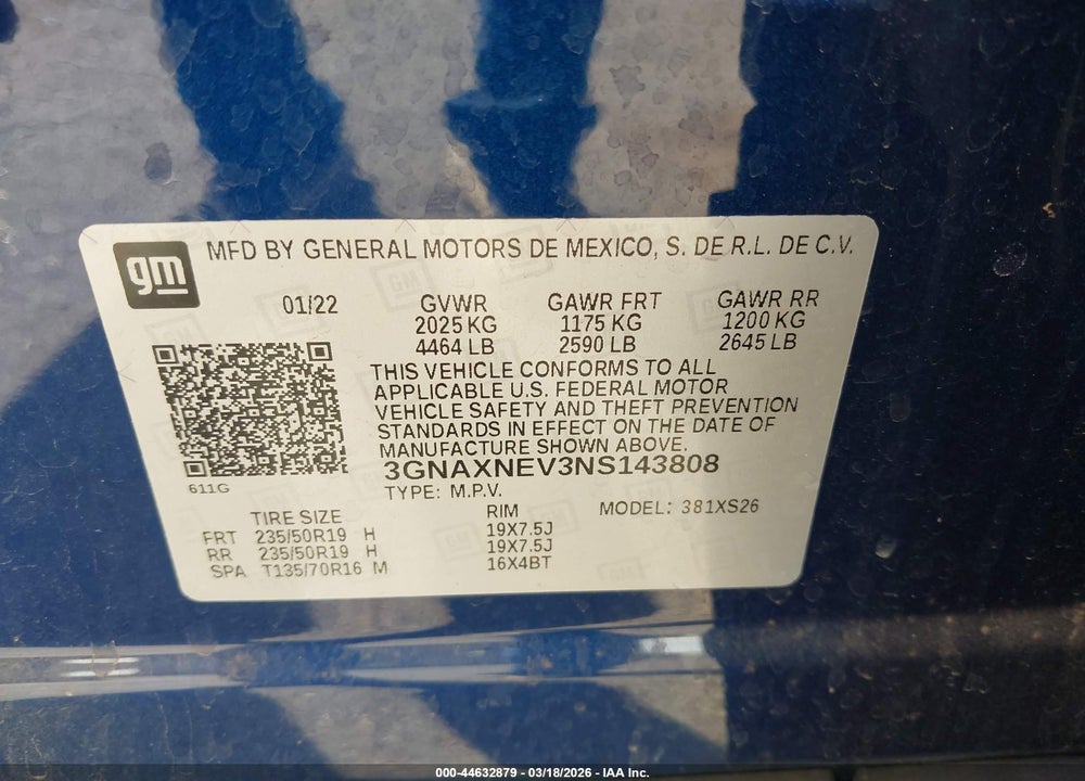 2022 CHEVROLET EQUINOX FWD PREMIER VIN: 3GNAXNEV3NS143808