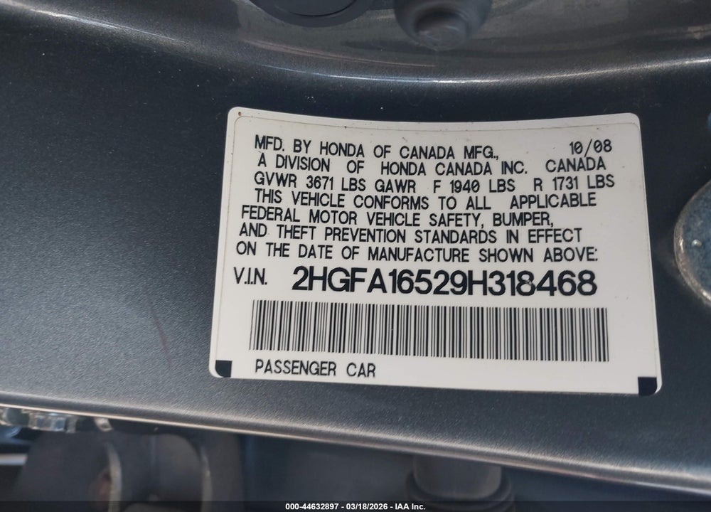 2009 HONDA CIVIC LX VIN: 2HGFA16529H318468