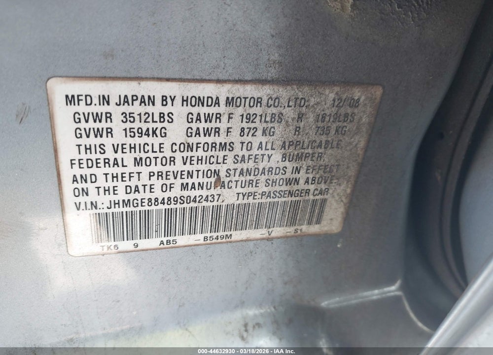 2009 HONDA FIT SPORT VIN: JHMGE88489S042437