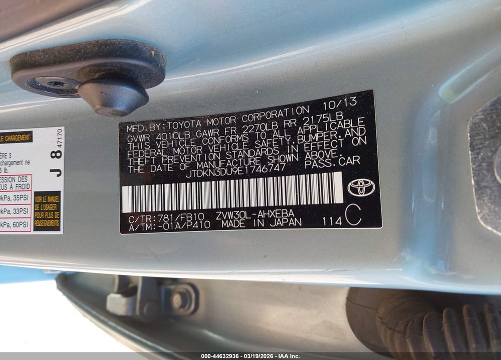 2014 TOYOTA PRIUS TWO VIN: JTDKN3DU9E1746747