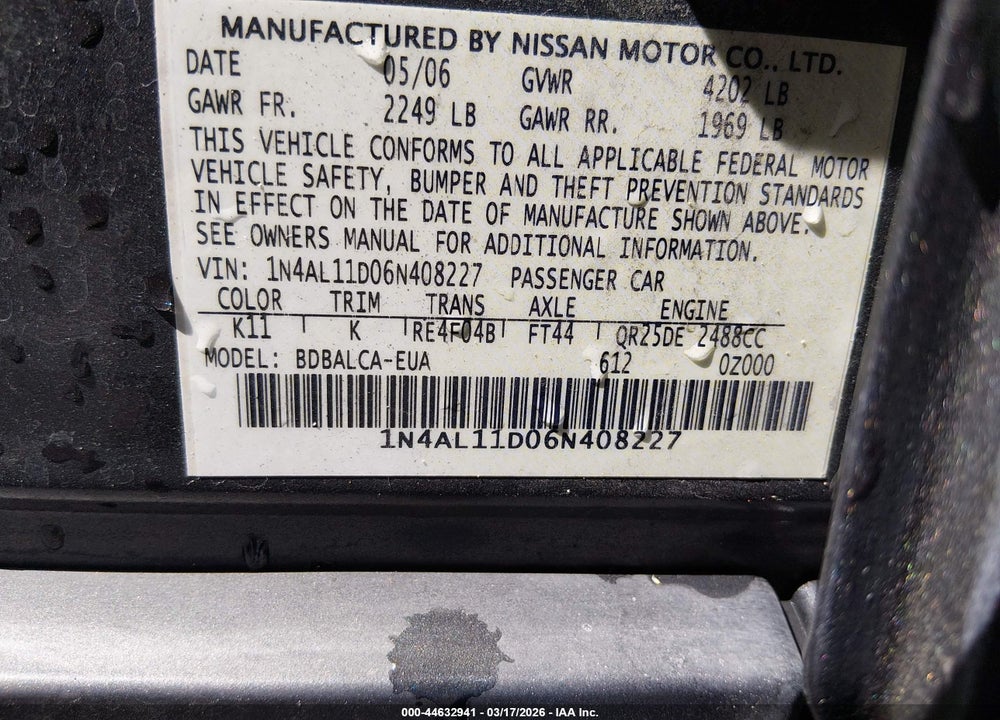 2006 NISSAN ALTIMA 2.5 S VIN: 1N4AL11D06N408227