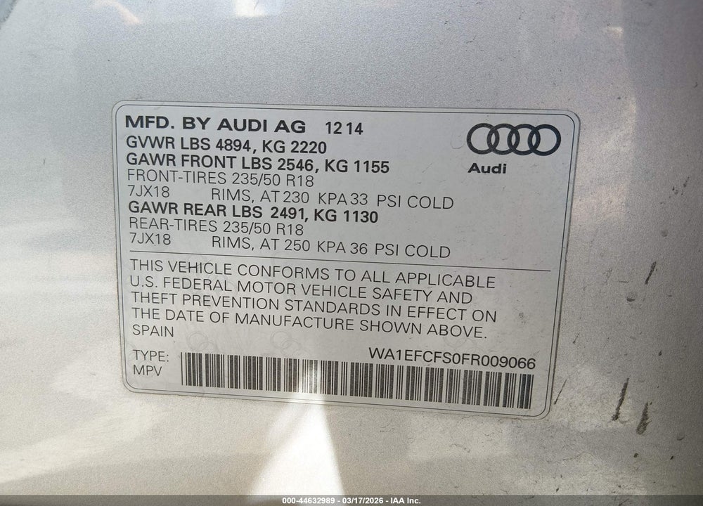 2015 AUDI Q3 2.0T PREMIUM PLUS VIN: WA1EFCFS0FR009066
