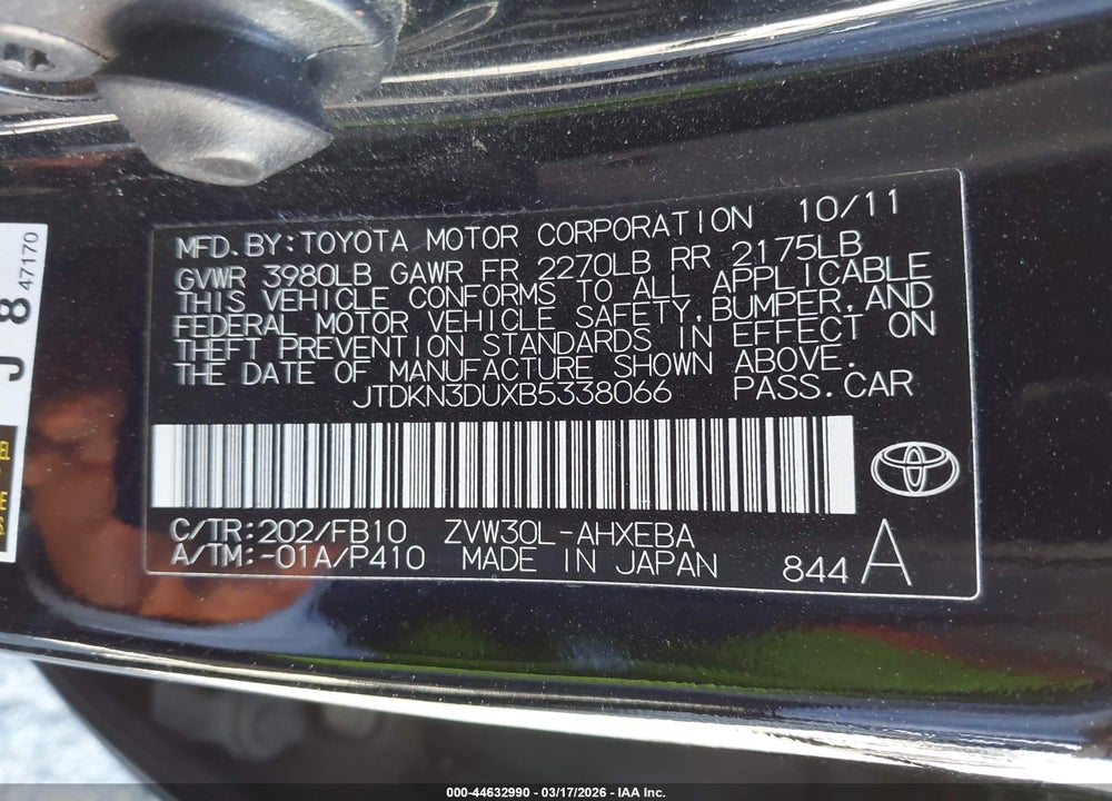 2011 TOYOTA PRIUS THREE VIN: JTDKN3DUXB5338066