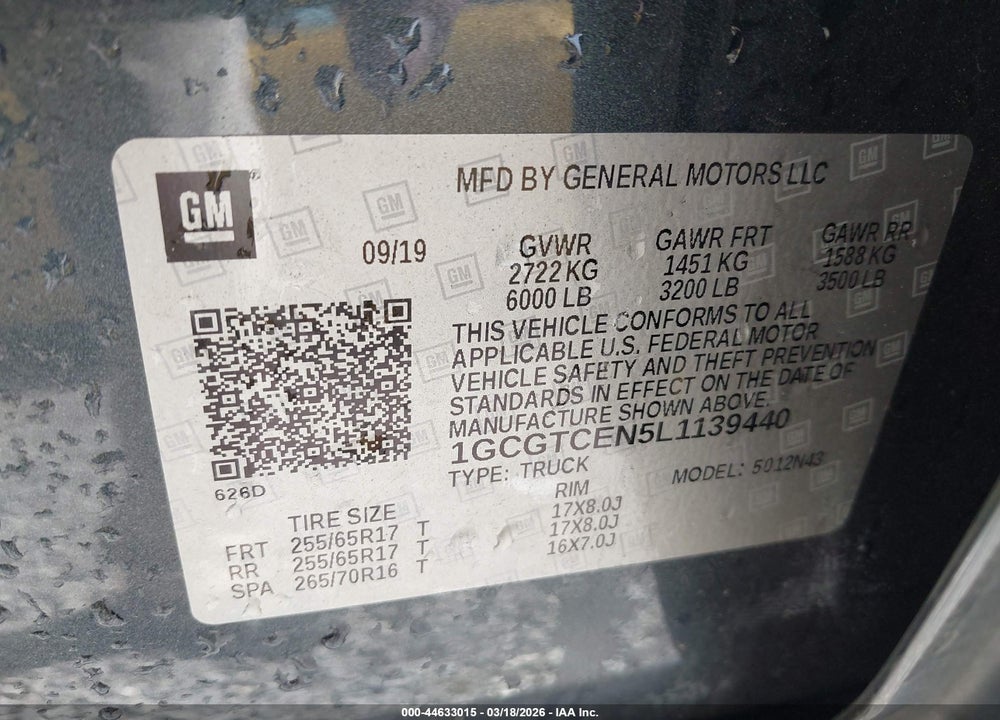 2020 CHEVROLET COLORADO VIN: 1GCGTCEN5L1139440