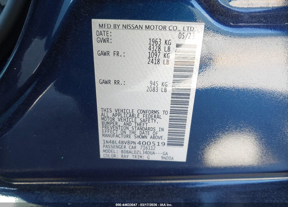 2023 NISSAN ALTIMA S FWD VIN: 1N4BL4BV8PN400519