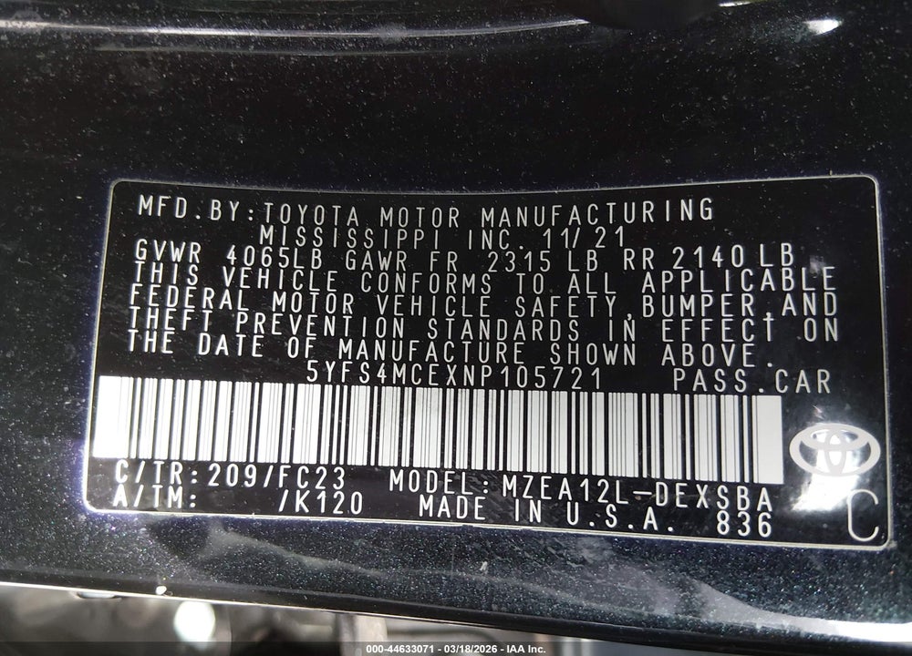 2022 TOYOTA COROLLA SE VIN: 5YFS4MCEXNP105721