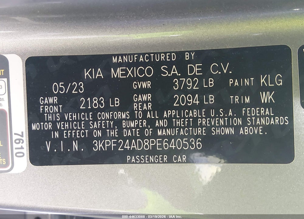 2023 KIA FORTE LXS VIN: 3KPF24AD8PE640536